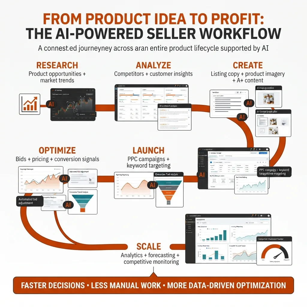 Amazon seller workflow infographic showing six stages of AI-powered selling: research, analyze, create, launch, optimize, and scale.