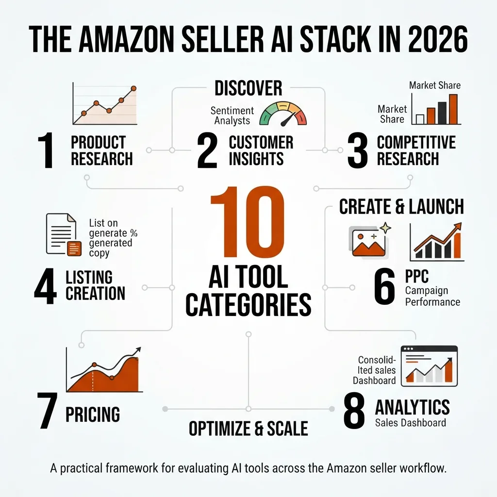 Amazon Seller AI Stack 2026 infographic organized into three layers: discover through product research, customer insights and competitive research; create and launch through listing creation, creative generation and PPC; optimize and scale through pricing and analytics.