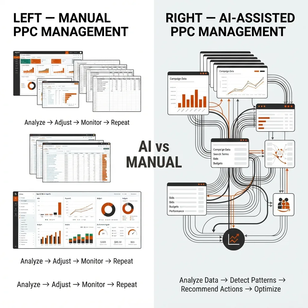 Infographic showing six Amazon PPC tasks AI can assist with, including bid optimization, budget allocation, search-term analysis, keyword discovery, campaign monitoring, and anomaly detection.