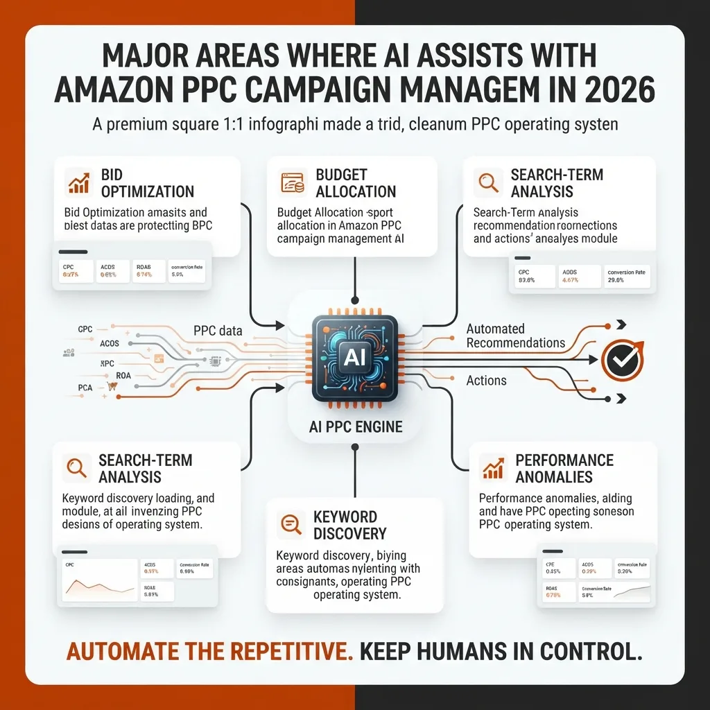 Amazon PPC workflow showing data analysis, AI recommendations, human strategy, AI execution, human review, and campaign optimization.