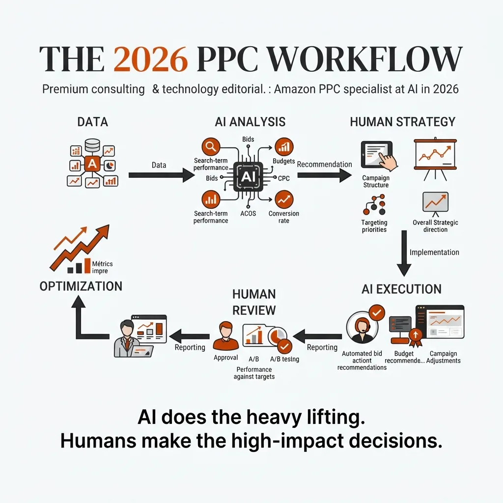 Comparison infographic showing the strengths of AI and human expertise in Amazon PPC campaign management.