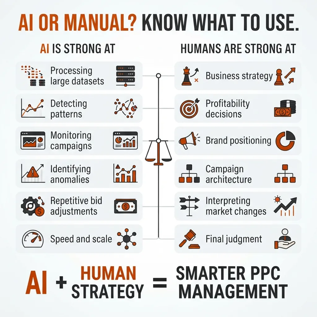 AI vs manual Amazon PPC campaign management comparison showing manual analysis on one side and AI-powered campaign optimization on the other.