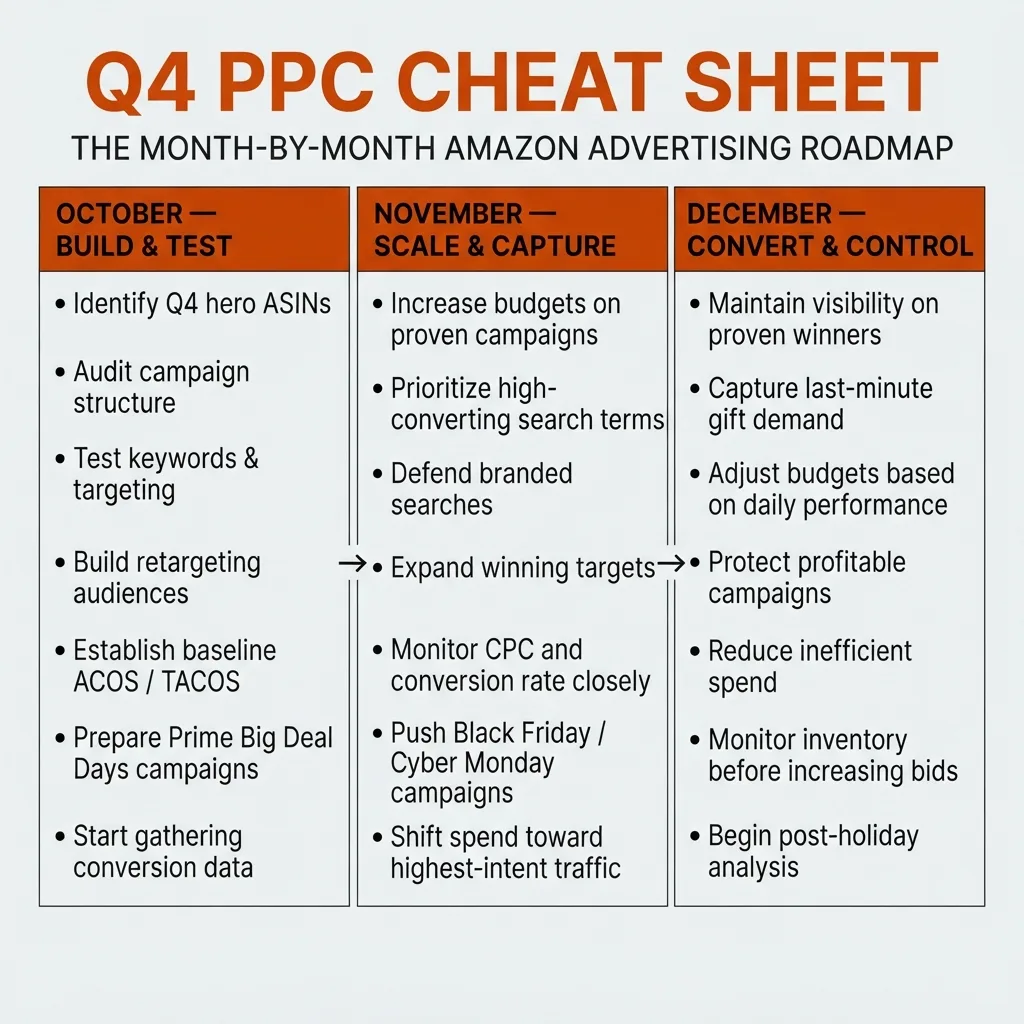 Amazon Q4 PPC cheat sheet showing a month-by-month advertising strategy for October, November, and December, covering campaign preparation, scaling, and conversion.