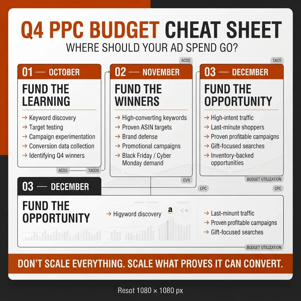 Amazon Q4 PPC budget allocation cheat sheet showing how sellers can use advertising spend across October testing, November scaling, and December high-intent conversion campaigns.