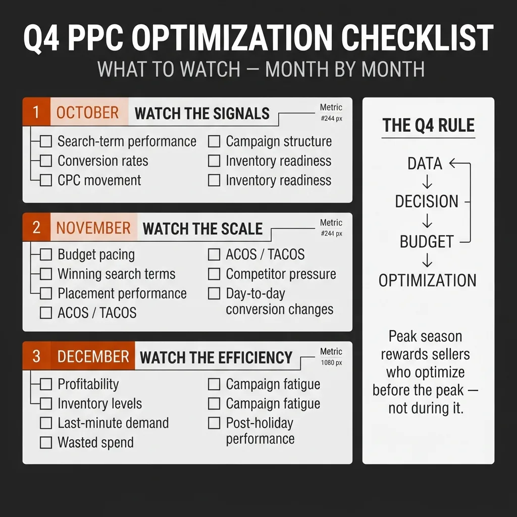Amazon Q4 PPC optimization checklist showing key metrics and campaign factors to monitor in October, November, and December, including CPC, conversion rate, ACOS, TACOS, budgets, and inventory.