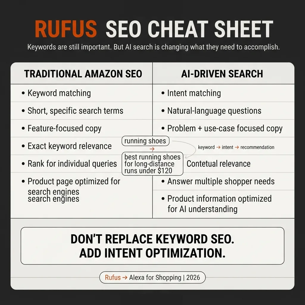 Rufus SEO cheat sheet comparing traditional Amazon keyword search with AI-driven search based on shopper intent, context, and product recommendations.